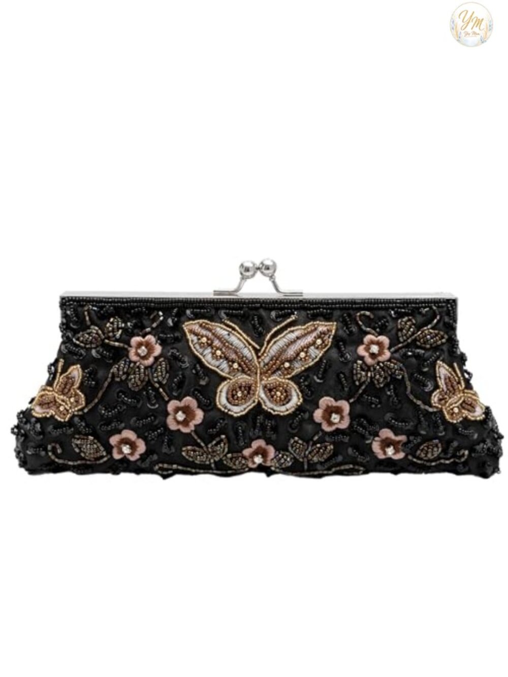 Beaded Butterfly Evening Clutch Kiss Lock Purse with Detachable Chains